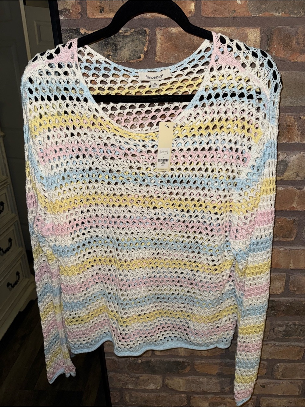 Francesca's Collections Pastel Stripe Open-Knit Sweater - Pink/Blue/Yellow
